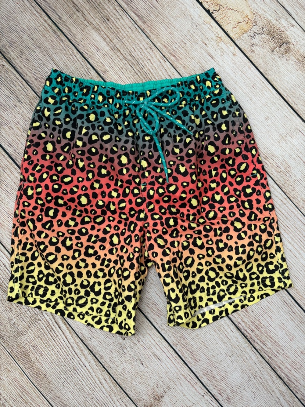No Boundaries Men's Gradient Leopard Swim Shorts in Yellow, Orange, Teal